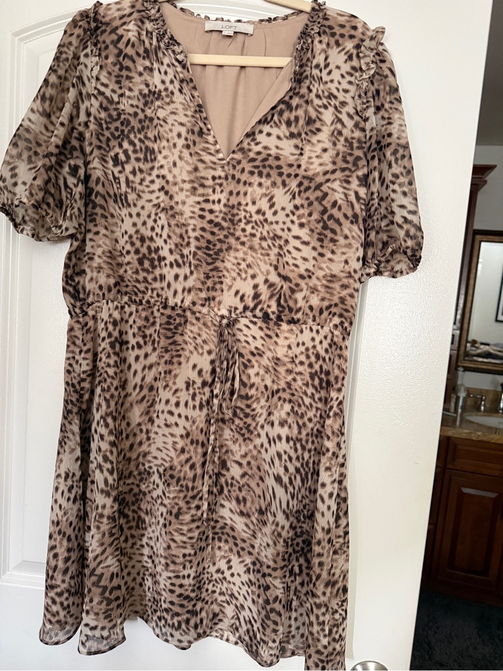 LOFT Beige-Taupe Animal Print Trim Blouse
